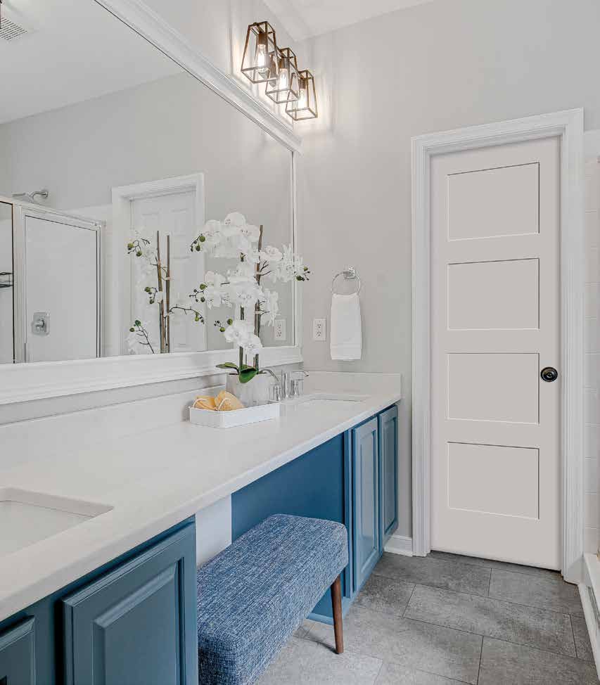 Four-panel interior door with painted casing and trim